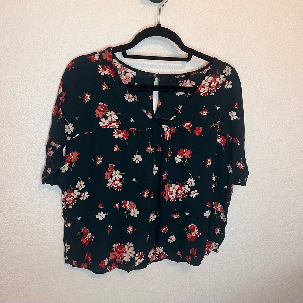 Madewell Rhyme Green Boxy Blouse Floral Green and Pink Short Sleeve Size Medium